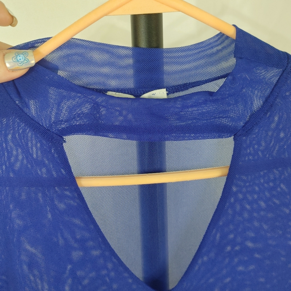 Iris Blue Sheer Mesh Bodysuit 1X Long Sleeve V Neck Stretch Y2K Clubwear Top - Picture 4 of 12